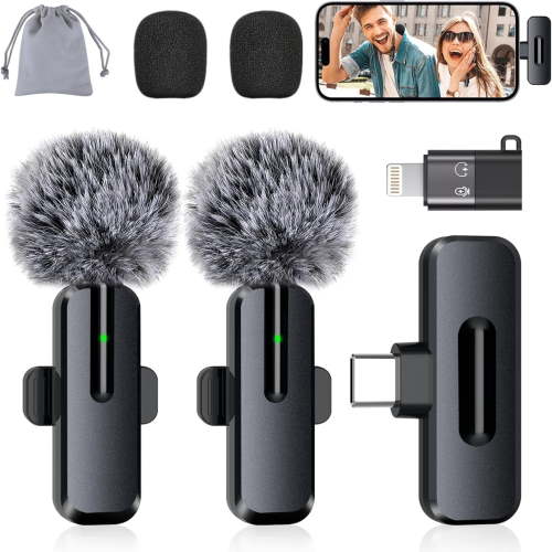 Wireless 2 Pack Clip-on Mini Microphone Compatible with iPhone iPad Android for Video Recording Tiktok Youtube Vlog Podcast, Black