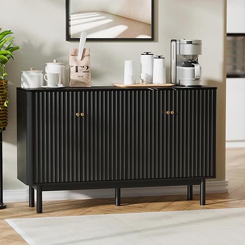RECCI Fluted Buffet Cabinet with Storage, Accent Sideboard Modern Credenza with 4 Doors & Adjustable Shelves, Coffee Bar Console Table Faux Marble Top for Dining Room, Living Room (Black)