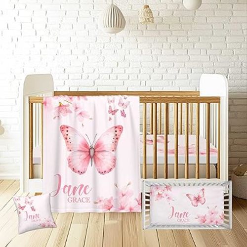 Custom Baby Crib Bedding Sets, 3 Pink Butterfly Piece Personalized Name Baby Bedding Set, Soft Blanket, Fitted Sheet, Pillowcase for Infant Newborn Nursery Bedding Gift for Girls