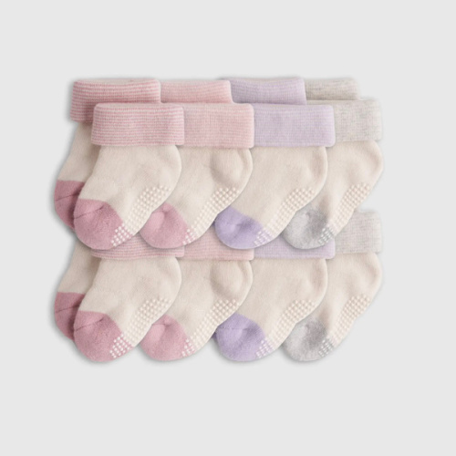 Organic Cotton Gripper Fold Over Socks 8-Pack - Baby in Pink/Blue Multi