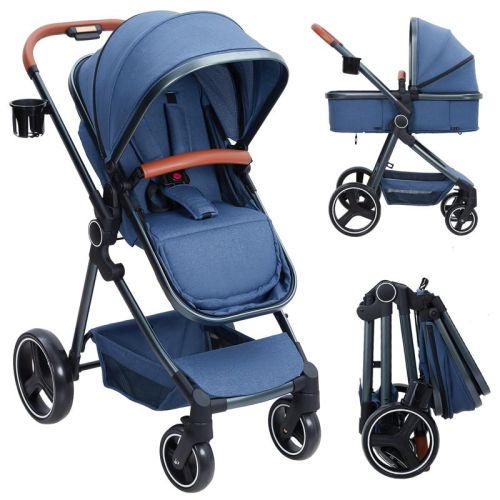2-in-1 Convertible Baby Stroller with Bassinet Mode - Foldable Infant Pushchair, Toddler High Landscape,Reversible Stroller Seat, Blue