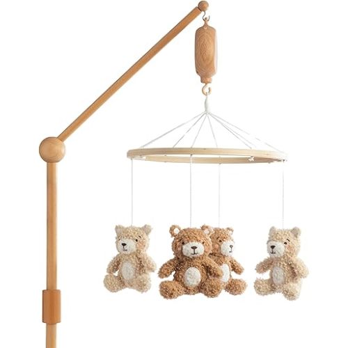 Living Textiles Baby Wooden Musical Mobile - Cuddly Bear | Crib Toy, Cuddly Bear Characters, Nursery Decor, Calming Soother with 12 Lullabies Essential and Perfect Toy for Boys Girls