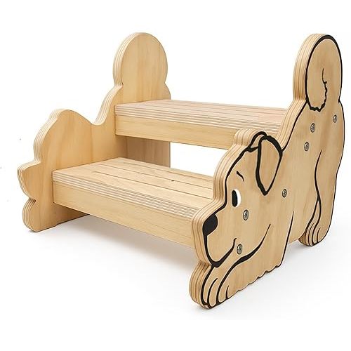 Wooden Step Stool for Toddlers & Kids, 2-Step Dog Design, Anti-Slip Bathroom Toilet Potty Training Stool, Durable Kitchen Step Stools for Independence & Safety