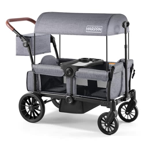 HARPPA All-Terrain Wagon Stroller for 2 Kids, Foldable Outdoor & Beach Stroller Wagon with Removable Canopy, Adjustable Push & Pull Handle, Footwell & Large Storage, Grey