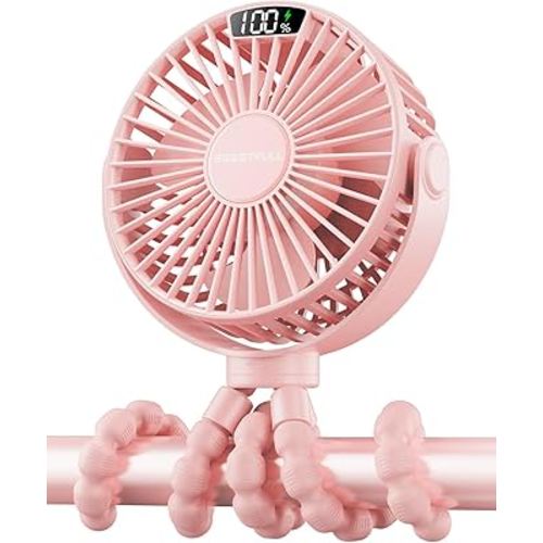 SWEETFULL Portable Stroller Fan with LED Display, 4 Speed Rechargeable Mini Clip On Fan, 360° Rotate Flexible Tripod Better Cooling Small Baby Fan for Car Seat Crib Travel Bike Treadmill (Pink)