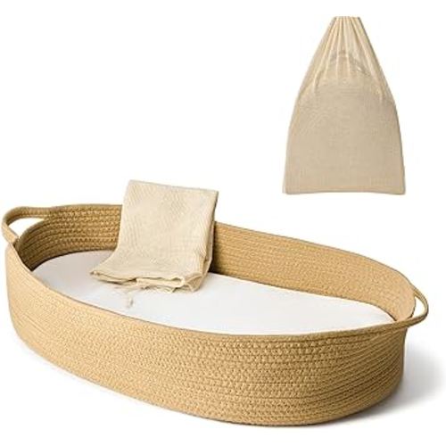 ECOADE Baby Changing Basket - Moses Basket Changing Table Topper and Thick Foam Pad with Removable Cotton Mattress Cover, 100% Cotton Boho Nursery Decor with Storage Bag