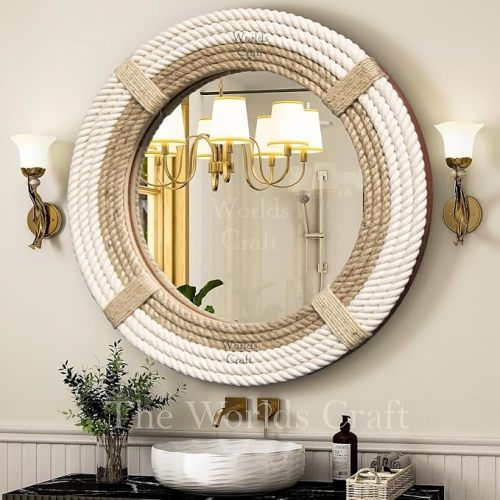 Nautical Hampton Round White Rope Mirror Twisted Rope Home Decor Art Wall Hanging Mirror Coastal Cotton Rope Mirror Wall Mounted Mirror Hanging | Home Deco
