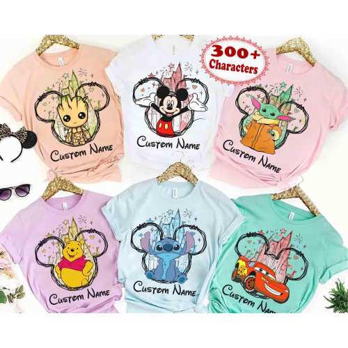 Customize All Disney Characters Shirt, Personalized Disney Mickey & Friends Stitch Cars Matching Shirt, Disneyland Family Vacation 2025 Trip