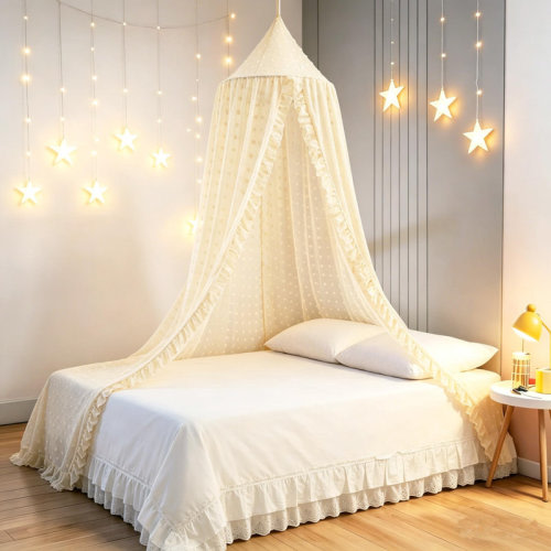 Shuying Lanxi Bed Canopy with Pom Pom- Lace Chiffon Canopy Bed Curtains, Ruffles Princess Reading Nook Play Tent for Girls Room (Ivory) | Wayfair