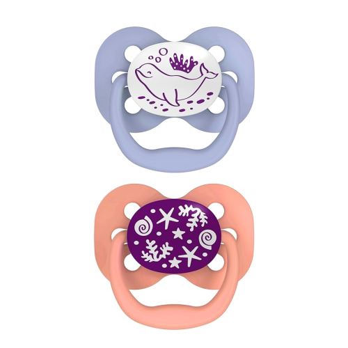 Dr. Brown's Advantage Glow-in-the-Dark Baby Pacifier, Fully Symmetrical Soother with Soft Silicone Bulb, Coral Ocean, 0-6m, BPA Free, 2 Pack