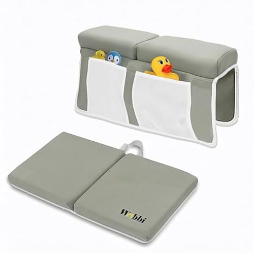 Wobbi Baby Bath Kneeler and Elbow Rest Pad Set | Extra Thick Memory Foam Support for Comfortable Bath Time | Non-Slip Suction Base | 4 Storage Pockets & Quick-Dry Design for Parents | Gray