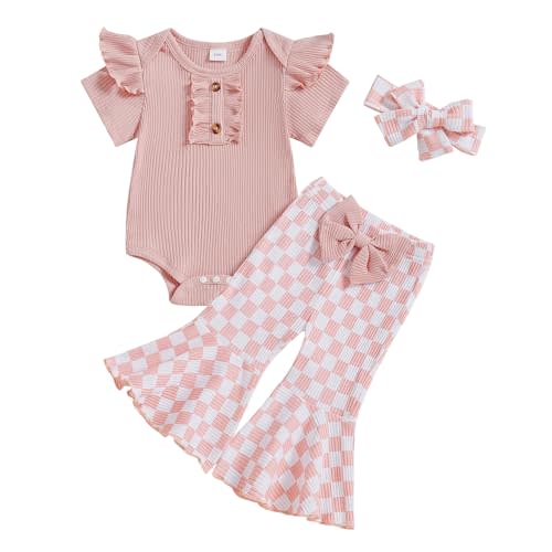 MERSARIPHY Baby Girl Bell Bottom Outfit Cute Infant Newborn Girl Summer Clothes Ribbed Knit Ruffle Romper Tops Flare Pant Set