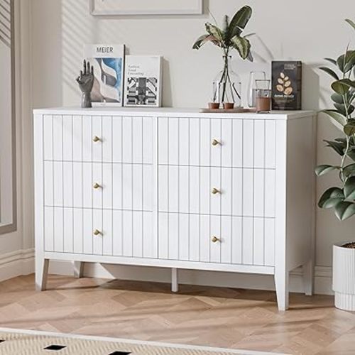 Zamildon's 6 Drawer Dresser for Bedroom, Fluted Modern Chest of Drawers, 47" Wide Storage Dresser Organizer Cabinet for Living Room, Nursery, Hallway (White)