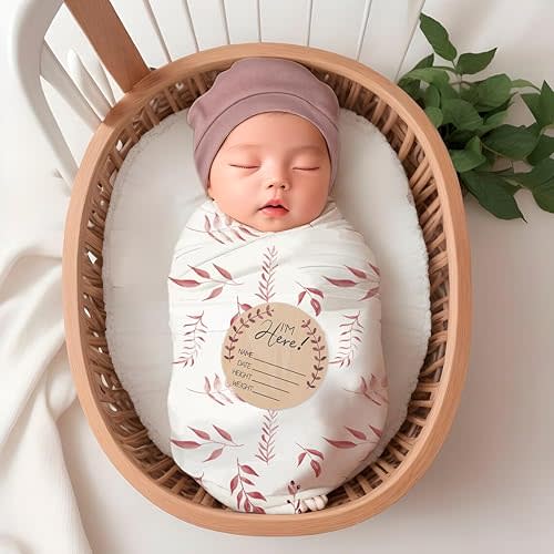 Ylsteed Baby Swaddle Blanket and Headband Set, Newborn Receiving Blanket Swaddle Wrap for Girls and Boys, Swaddling Blankets Neutral for Newborn， Soft and Skin-Friendly 32 * 32 inches (Red Leaves)