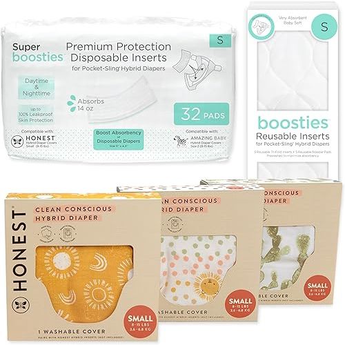 Honest Hybrid Cloth Diaper Cover + Super Boosties Disposable Inserts 32ct + Reusable Inserts, Small (8-15 lbs), Cotton Muslin Honest Covers Feature Pocket-Sling, Starter Kit