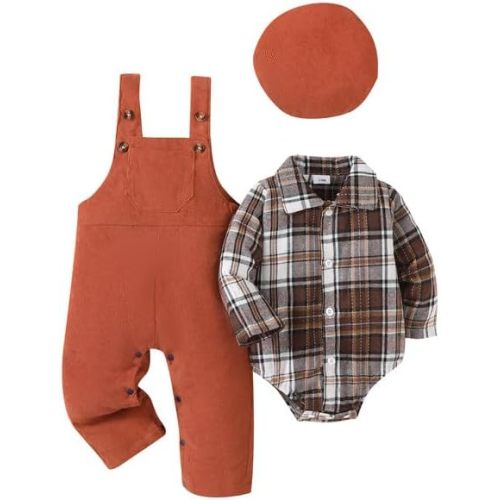 Renotemy Baby Boy Clothes Flannel Plaid Bodysuit+Corduroy Overalls+Beret Hat 3Pcs Fall Winter Outfits for 3-24 Months Boys