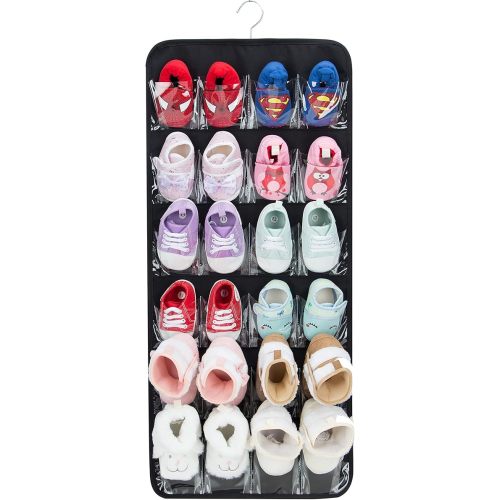 Over The Door Shoes Organizer for 12 Pairs of Baby Shoes Boys Girl, Hanging Baby Shoe Organizer with Hanger(Polyester Material-Black)