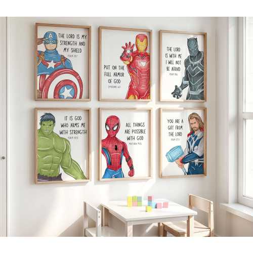 Superhero Bible Verse Prints – Set of 6, Boys Room Scripture (Digital Download)