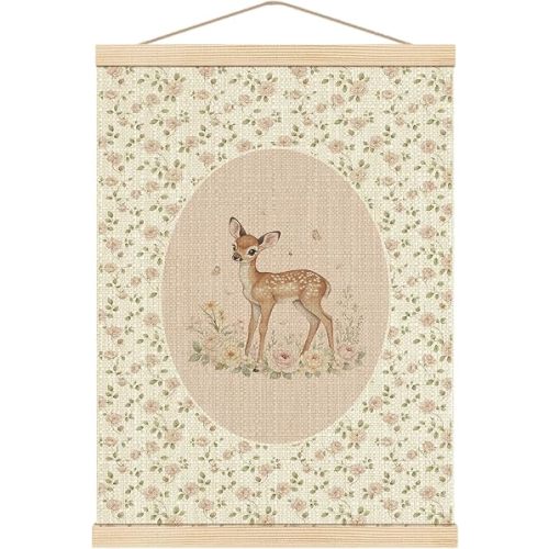 Boat Wades Pink Rose Flower Deer Wall Art Poster Hanger Frame, Cottagecore Floral Botanical Deer Wall Decor for Baby Girl Nursery Toddler Kids Room Bedroom Playroom Home, 12x16 Inch