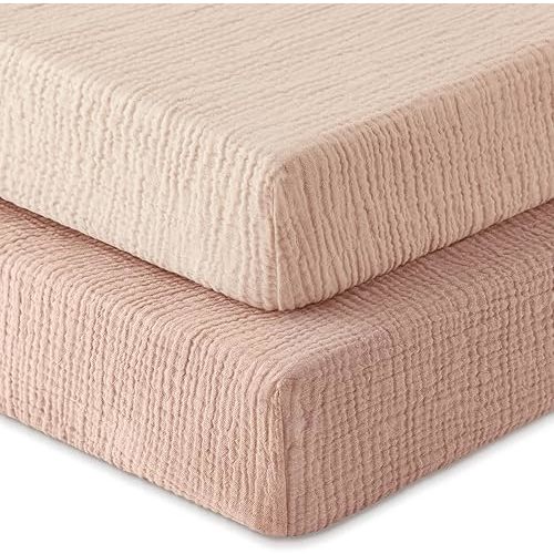 Muslin Crib Sheets for Boys Girls, 100% Cotton Fitted Crib Sheet 2 Pack for Standard Crib and Toddler Mattress, Breathable Soft Baby Sheet 28x52x8in Gradient Pink