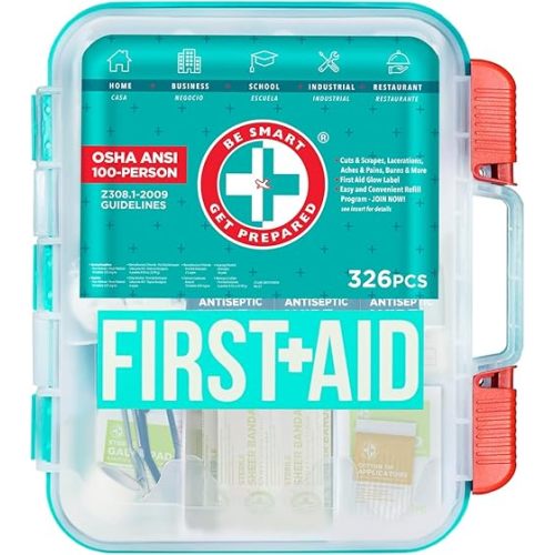Be Smart Get Prepared First Aid Kit, Teal, 326 Piece, Exceeds OSHA and ANSI Guidelines 100 People - Office, Home, Car, School, Emergency, Survival, Camping, Hunting and Sports