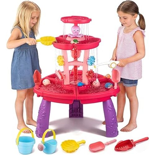 VROGTIK Water Table for Toddlers with Fishing Game Set 3-Tier Kids Sand Water Table Sensory Outdoor Toys for Kids Ages 4-8 Summer Beach Outside Backyard Toys for Girls& Boys Age 3 4 5 6 7 8 9