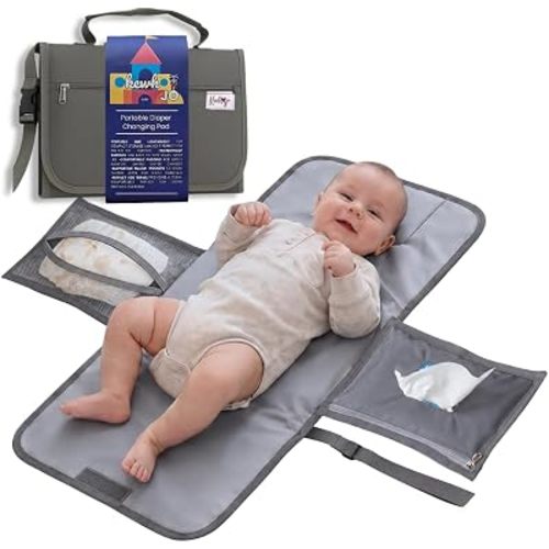 Portable Diaper Changing Pad, 23h x 34w inches Foldable Travel Changing Mat with Built-in Cushion, Wipes Pocket & 5-Diaper Storage, Waterproof Baby Changing Station for Diaper Bag or Stroller