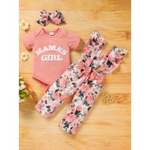 Baby Girl Letter Embroidery Towel Fabric Short Sleeve Romper With Floral Print Ruffle Strap Pants Outfit Set | SHEIN USA