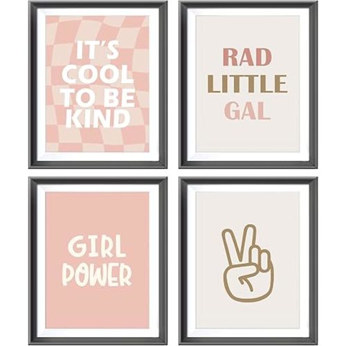 AEHIE Rad Little Gal Retro Pink Beige Preppy Checkered Peace Sign Girl Power Poster Prints for Girl Teen Room Dorm Decor,Preppy Decorations Prints Wall Art Unframed 4pcs 12x16inches,Teen Girls Gifts