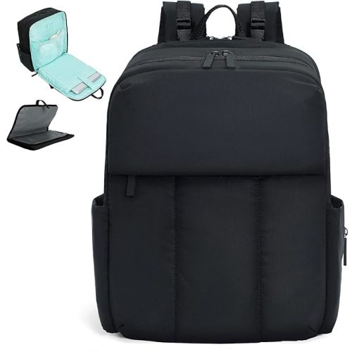 MOMINSIDE Diaper Bag Backpack - Extra Large Puffer Diaper Bag - Neoprene Diaper Bag Quilted Baby Bag for 2 Kids Boys Girls, Large Changing Pad, 15 Pockets, Black