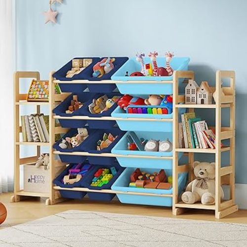 EXPERLAM Extra Large Toy Storage - Toy Storage Organizer, Wooden Toy Organizer with 6 Side Shelves and 12 Bins, 3-in-1 Bookshelf for Kids Rooms, Bedroom, Playroom, Nursery, Blue