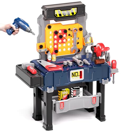 Deejoy Kids Tool Bench with Realistic and Electric Drill, Construction Workbench Toys for Toddlers 3-5, Toddler Bench Set for Boys & Girls Age 3-4