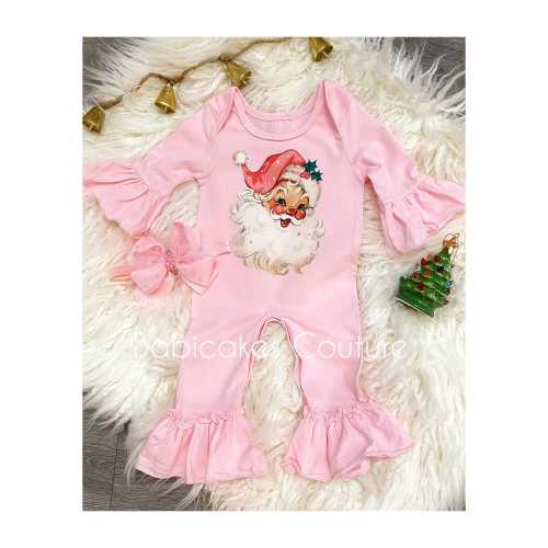 Pink Santa Ruffle Romper: Baby's First Xmas Outfit with Headband