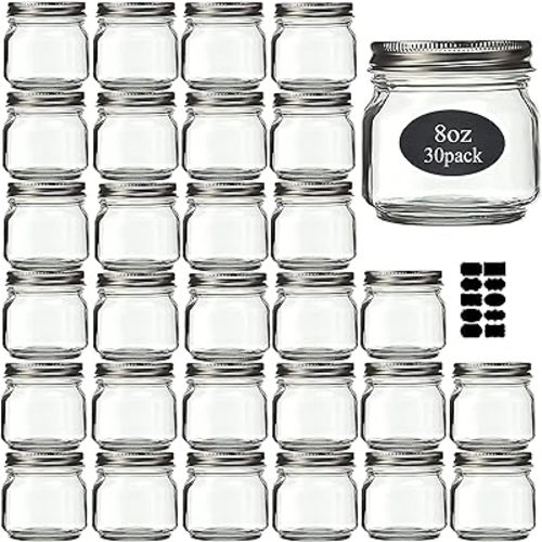 Mason Jars 8 oz 30 Pack- Small Mason Jars With Silver Lids -1/4 Quart Canning Jars| Storage Glass Jars With Lids For Jelly, Jam, Honey, Pickles - Spice Glass Jars - With 30 Chalkboard Labels