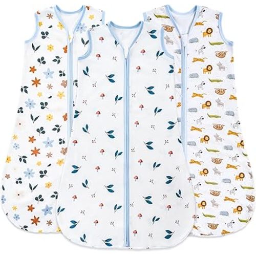 Baby Sleep Sack 6-12 Months, 100% Organic Cotton Wearable Blanket for Babies, 2-Way Zipper TOG 0.5 Lightweight Breathable Baby Sleeping Bag, 4 Sizes-M Animal&Plant&White