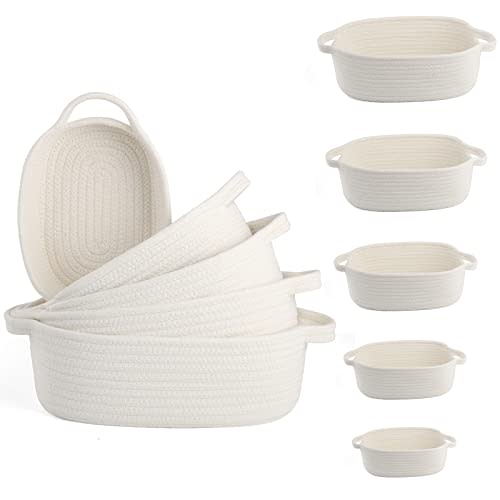VOOWO Set of 5 Rectangular Cotton Rope Baskets for Storage, Organizing, Decorating, Off White