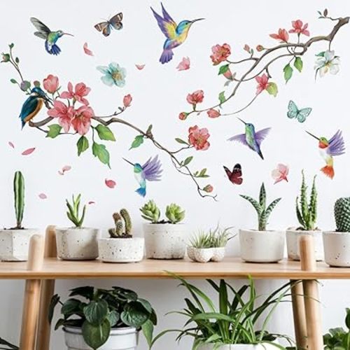 Runtoo Hummingbird Wall Decal Peel and Stick Flower Tree Branch Pink Floral Wall Stickers for Living Room Bedroom Baby Nursery