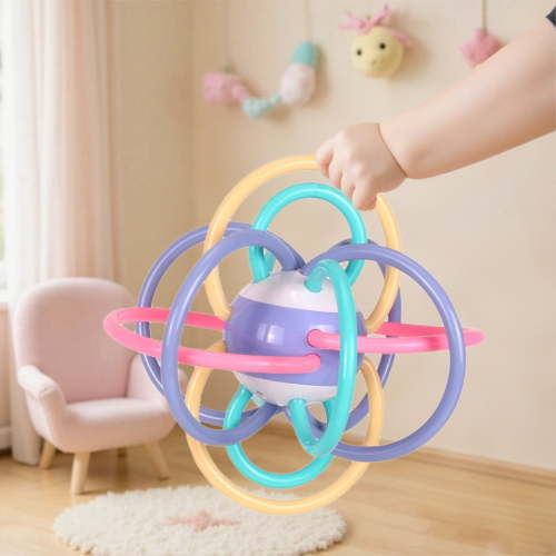 Taotanxi Rattle and Sensory Teether Toy, Blue/Green/Orange, 5.1 Inch x 5.1 Inch