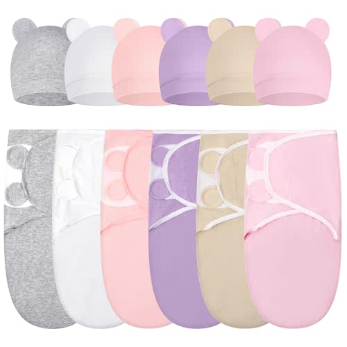 Ramede 6 Pack Swaddle Blanket with Hats for Baby Girl Boy 100% Cotton Swaddles 0-3 Months, Adjustable Breathable Skin Friendly Receiving Blanket Wrap, Essential for Newborns