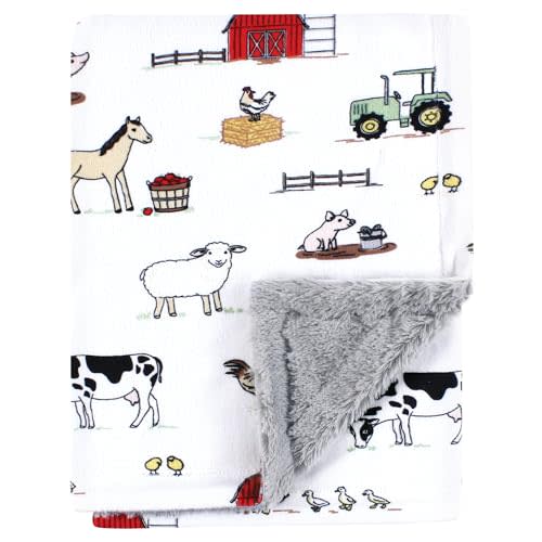 Hudson Baby Unisex Baby Plush Blanket with Furry Binding and Back, Farm, One Size