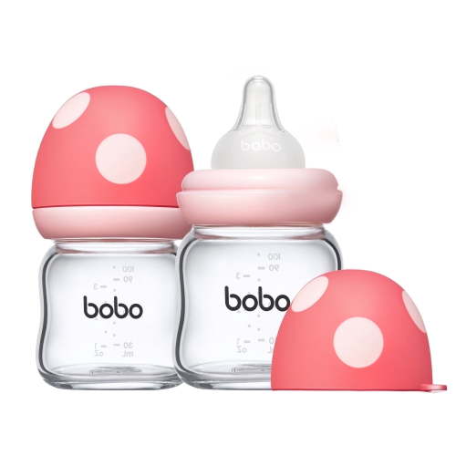 YOHKOH Natural Glass Baby Bottles, BPA-Free, Anti-Colic, 3.4 oz, Red, 0m+, 2-Pack