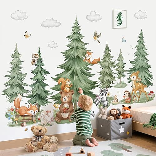 decalmile Mountain Tree Woodland Wall Decals Large Pine Tree Forest Animal Bear Deer Fox Wall Stickers Kids Room Baby Nursery Bedroom Home Decor