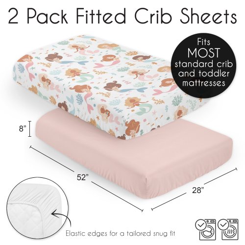Sweet Jojo Designs Ocean Mermaids Girl 2 Pack Fitted Crib Sheets Solid Blush Pink and Under the Sea Underwater Theme Fairytale