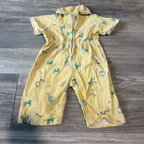Vintage 1970’s Baby Yellow Corduroy Circus Print Sip Front Romper One Piece