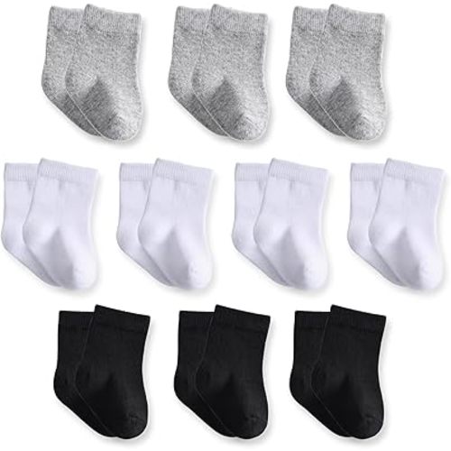 Baby Crew Socks, Cotton Rich Newborn Fit 0–3/3–6/6–12 Months, Black White Gray 10 Pack for Girls & Boys