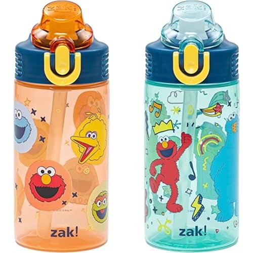 Zak Designs Sesame Street Sage Kids Water Bottle For School or Travel, 16oz Durable Plastic Water Bottle With Straw, Handle, and Leak-Proof, Pop-Up Spout Cover, 2-Pack Set (Elmo & Friends)