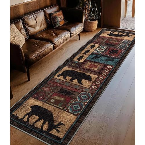 YIHOUSE Rustic Cabin Area Rug 5x7,Machine Washable Lodge Bear Rug,Non-Slip Low Pile Print Pattern Southwestern Rug for Living Room Bedroom