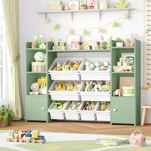 FOTOSOK 55''Large Toy Storage Organizer with 8 Toy Bins, Toy Organizers and Storage with Shelf and 6 Storage Cubbies, Bookshelf for Kids, Playroom Organization and Storage Bins, Green