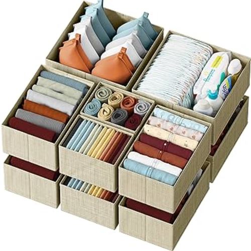 Drawer Organizer Clothes Set of 12 Beige - Dresser Organizer For Nursery, Bedroom, Closet - The Perfect Baby Clothes Organizer and Storage & General Nursery Organization or Dresser Drawer Organizers