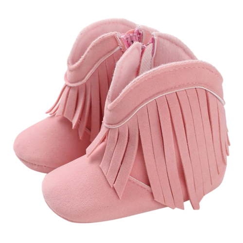 Durtebeua Baby Girls Cowboy Tassel Boots Side Zipper Soft Bottom Non-Slip Toddler Shoe Pink,12-18 Months